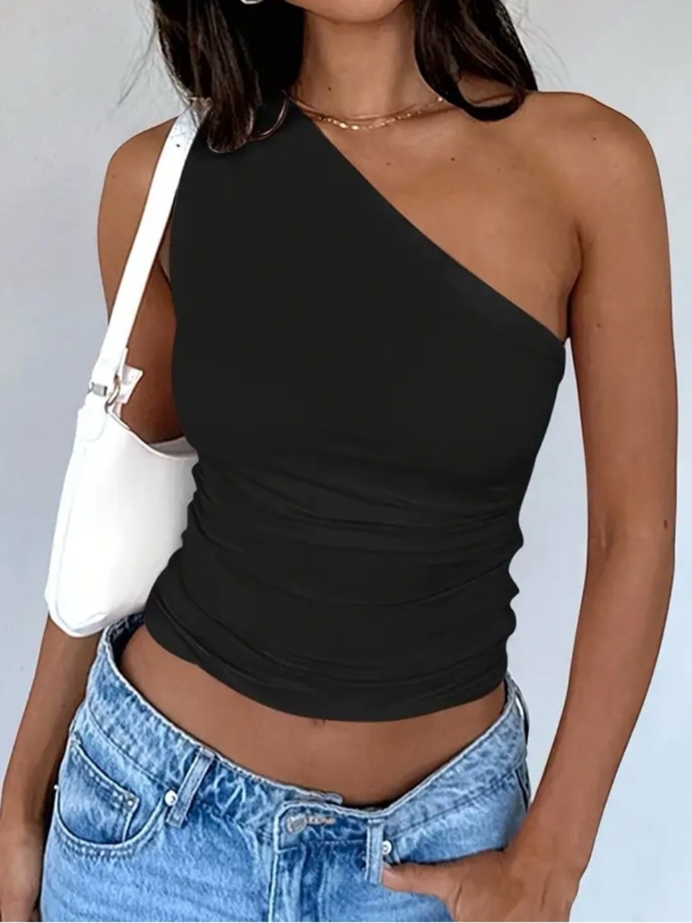 One-Shoulder Black Ruched Tank Top - Women's Slim Fit